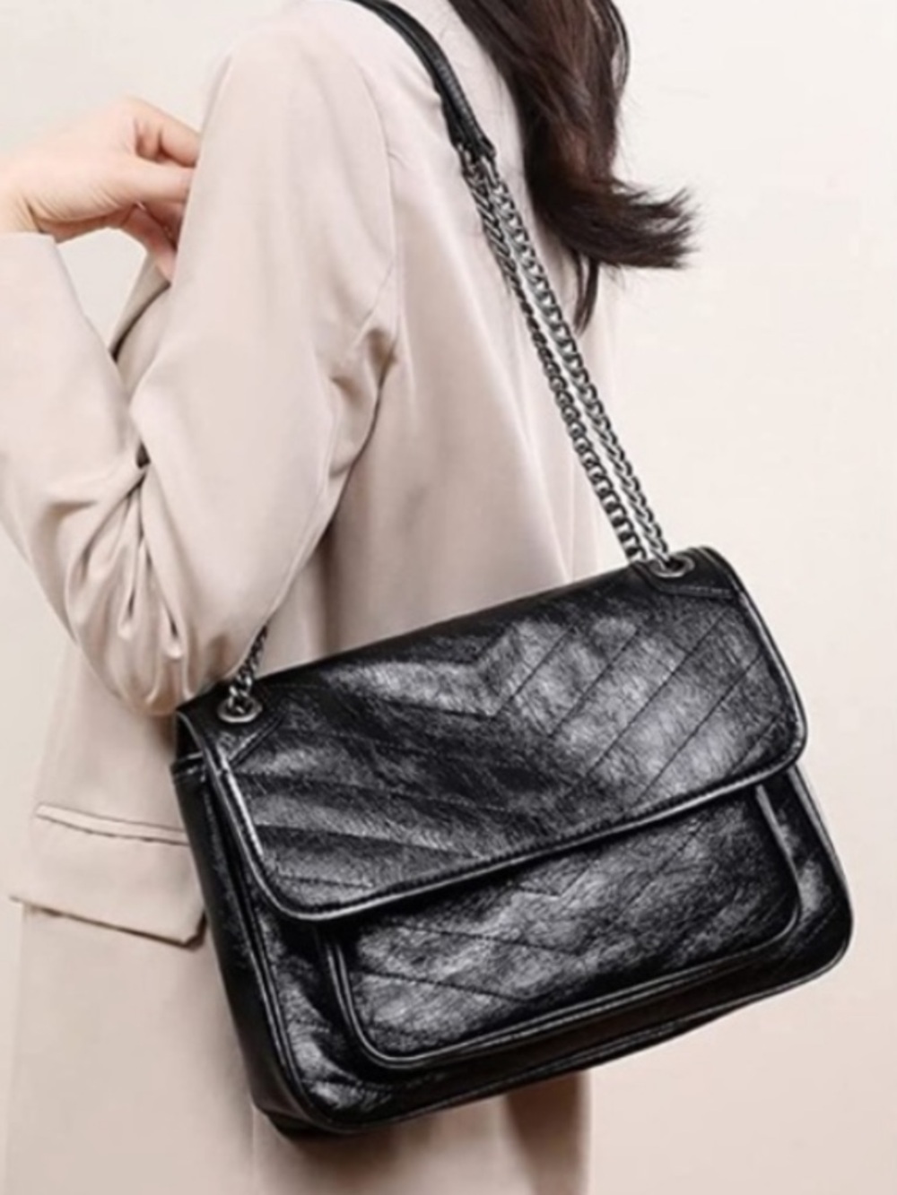 NEW DORIS & JACKY Chevron Quilted Leather Chain Strap Flap Bag Black w/ Dust Bag
